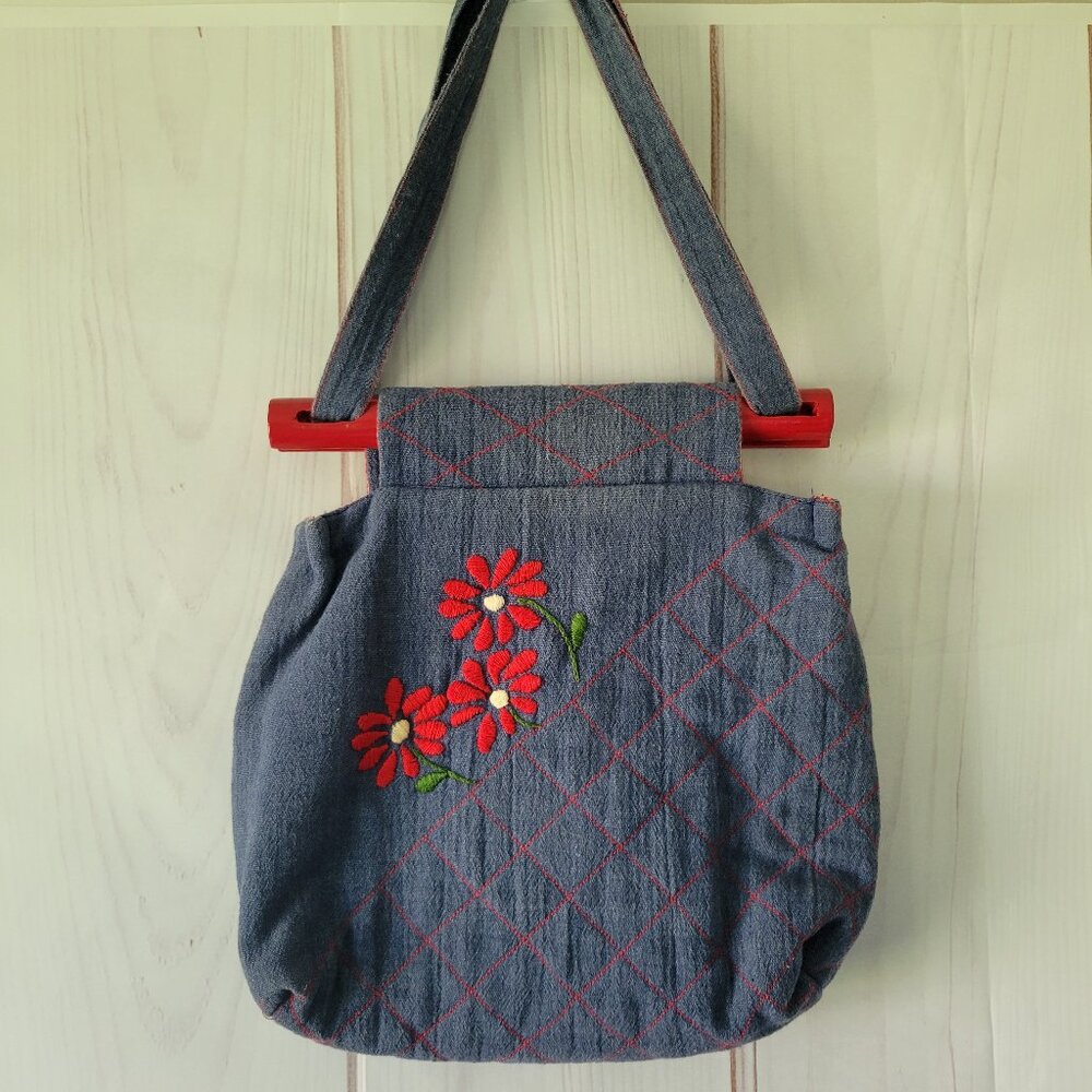 Vintage 1970’s Handmade Reversible Denim Handbag Purse. Medium blue quilted